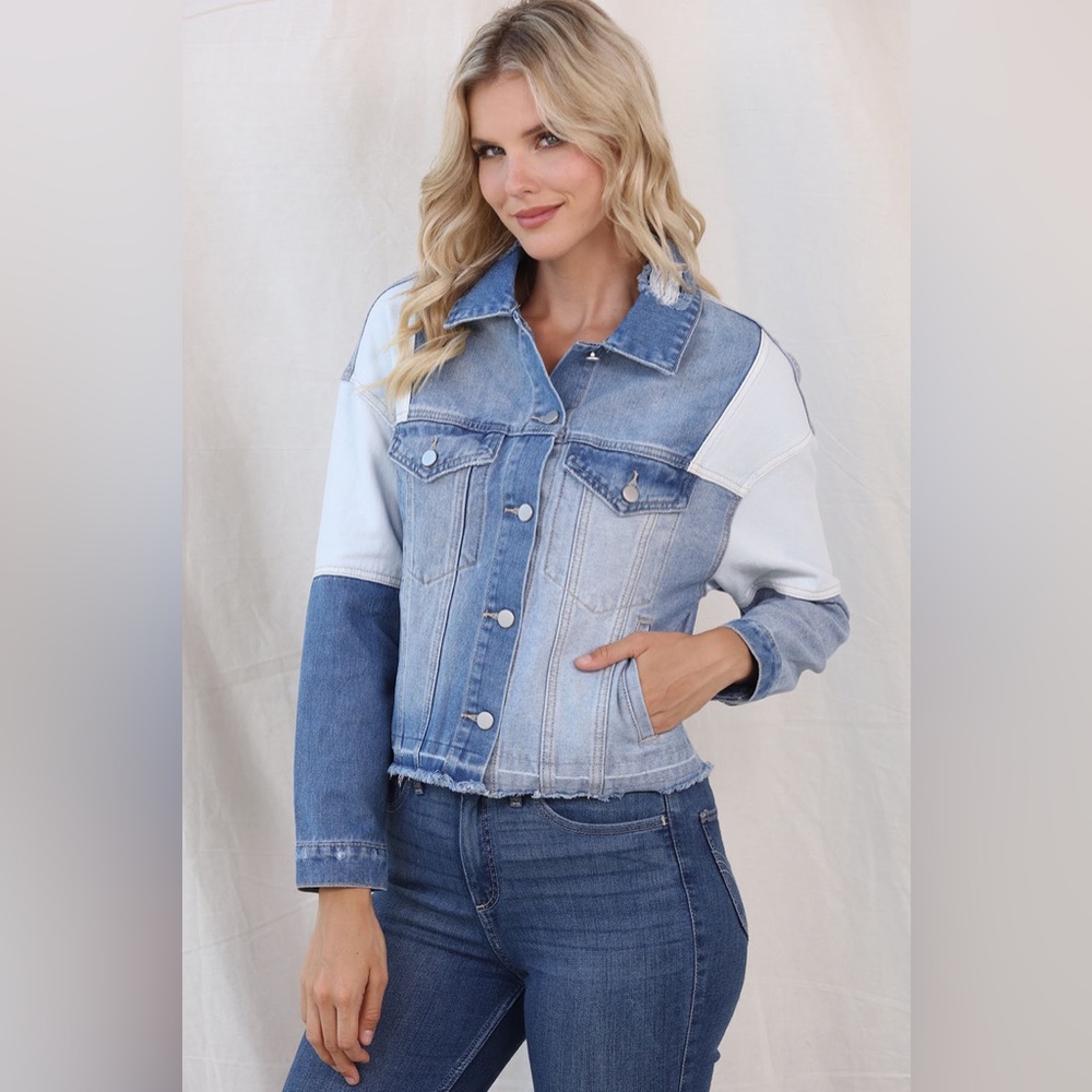 Blue Medium Color Block Distressed Button Up Denim Jacket